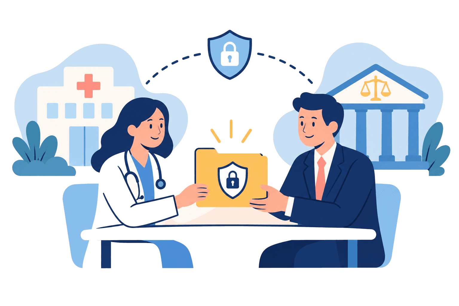 Flat illustration of a clinician securely handing a record to an attorney